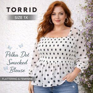 Torrid Polka Dot Sheer Smocked Blouse Size 1X Peplum Babydoll Top B&W Plus